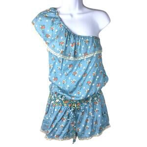 Zara Romper Floral One Shoulder Lace Trim Shorts Jumpsuit Blue Women's‎ S